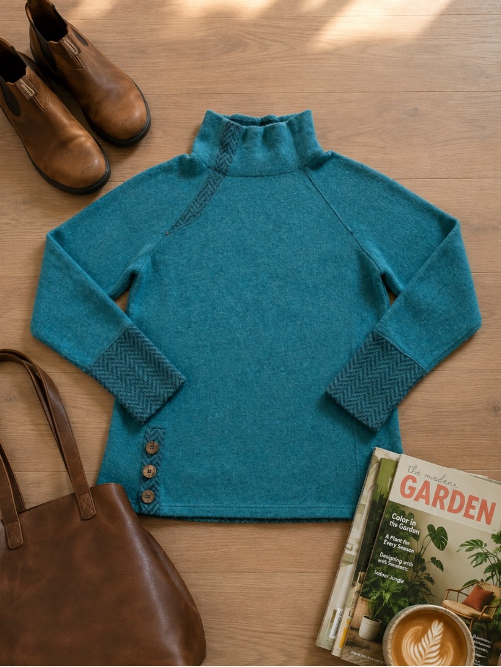 prAna Lucia Women L Wool Herringbone Sweater Teal Fall Outdoor Granola Gorpcore